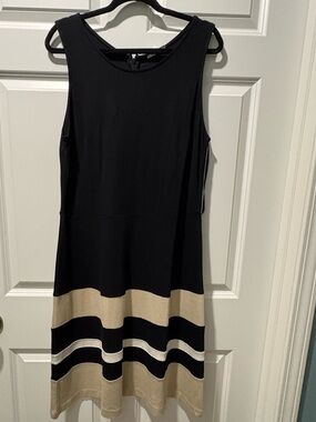 Charter Club Black Midi Dress with Beige and Cream Stripes